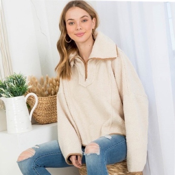 CREAM CONTRAST SHEARLING STYLE OVERSIZED ZIP UP PULLOVER SWEATER - Picture 3 of 12